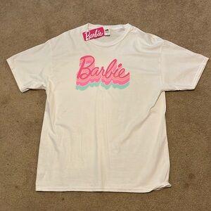 Barbie Logo Graphic T-Shirt, white tee with pink logo, LARGE